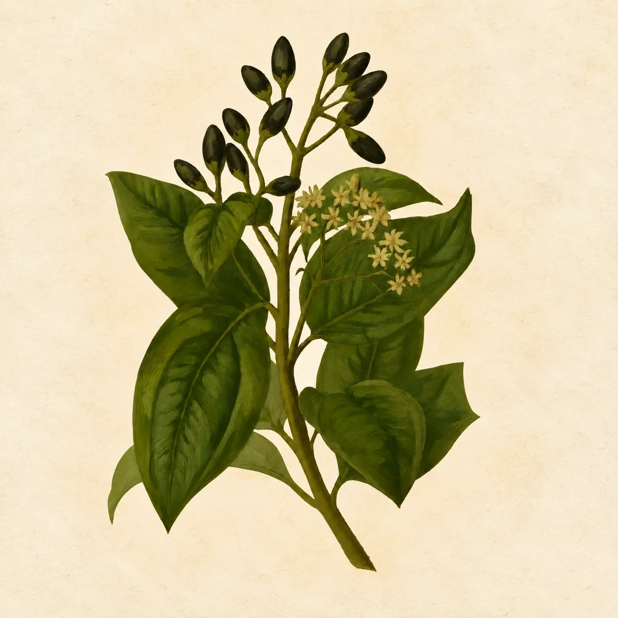Painted botanical illustration of a flowering Ceylon cinnamon branch