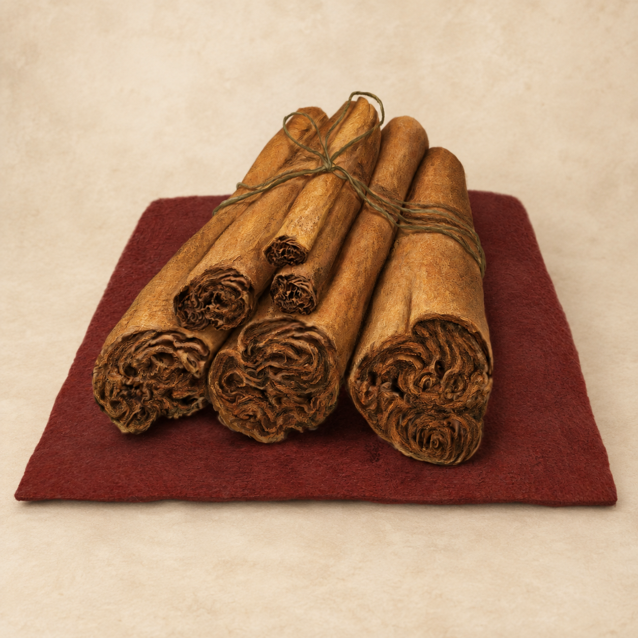 Layered Ceylon cinnamon quills on a pale parchment setting